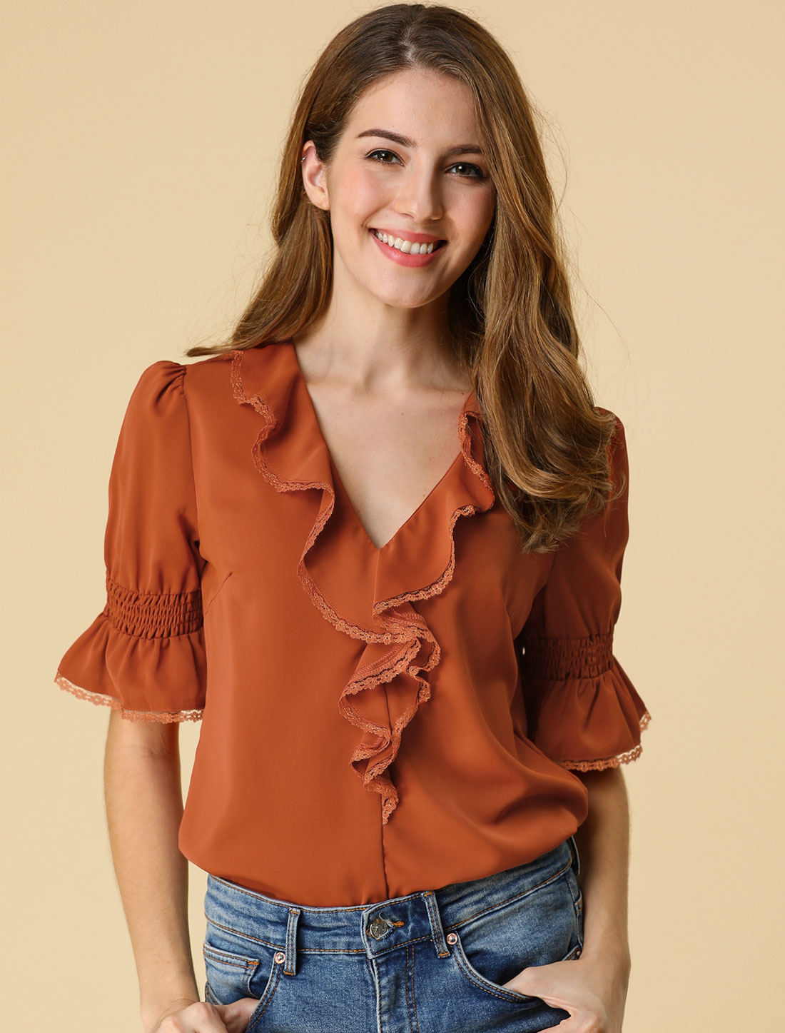 Ruffle Puff Sleeve Lace Trim Chiffon Peasant Blouse Brown Red/M - Allegra K catalog