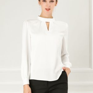 Keyhole Elegant Stand Collar Long Sleeve Chiffon Office Blouse White/S - Allegra K catalog