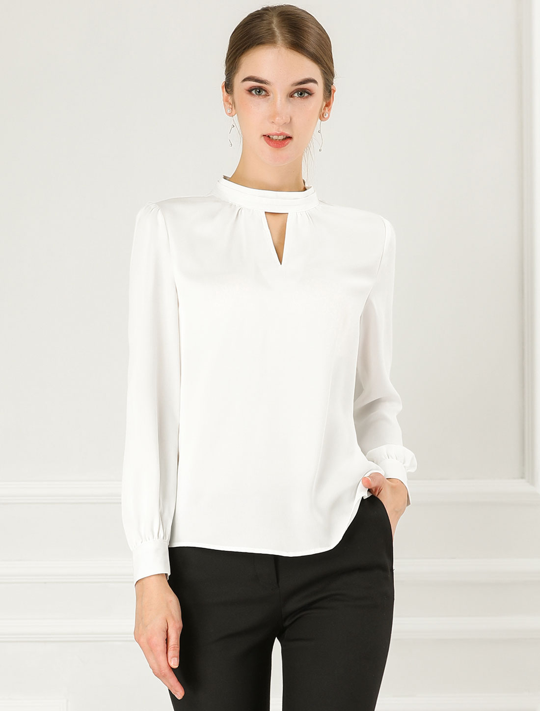 Keyhole Elegant Stand Collar Long Sleeve Chiffon Office Blouse White/S - Allegra K catalog