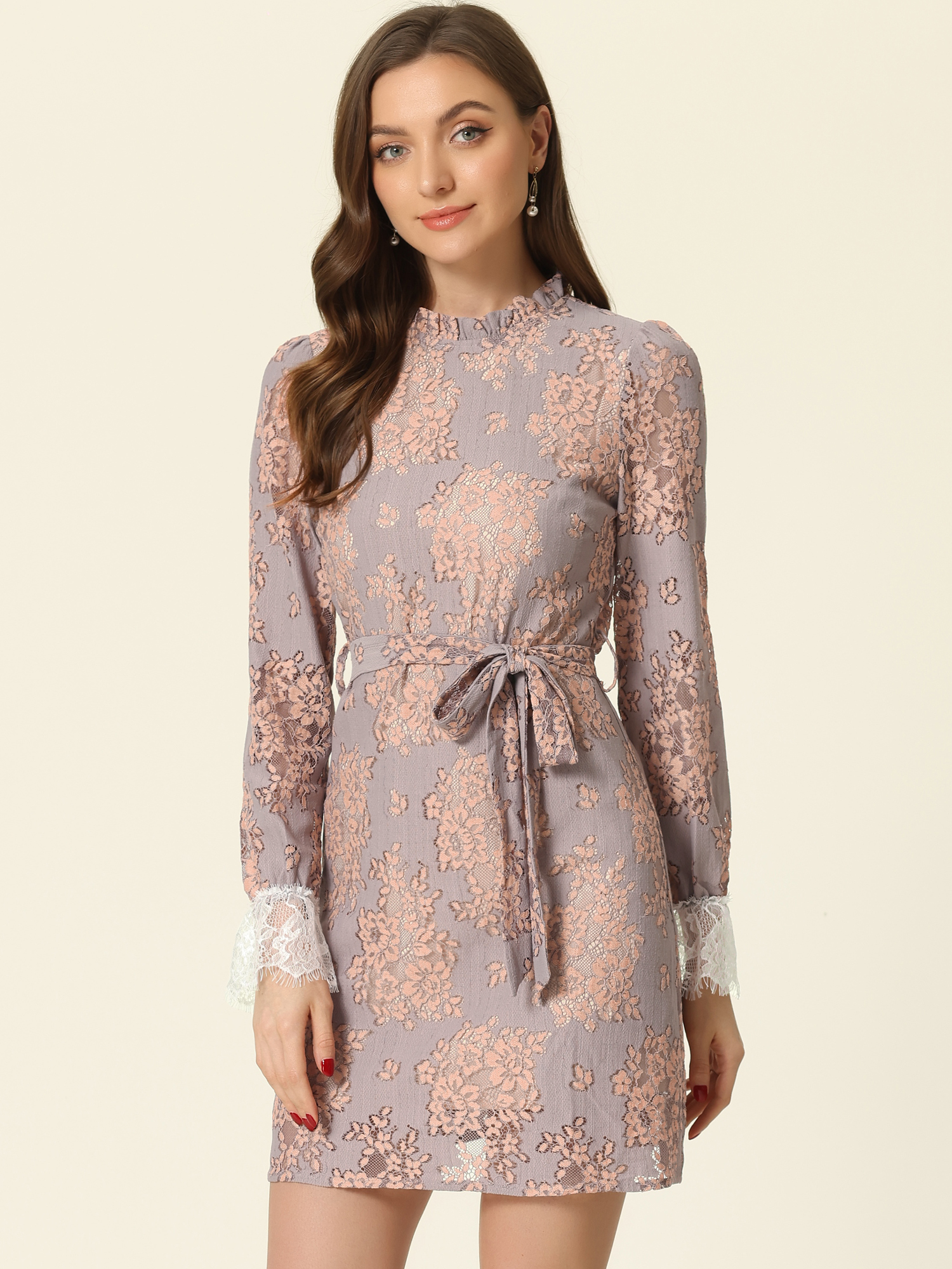 Lace Floral Ruffle Crew Neck Cocktail Mini Dress Grey Pink/M - Allegra K catalog