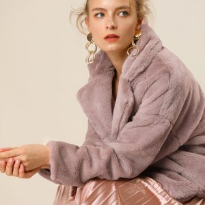 Allegra K Cropped Notch Lapel Faux Fur Fluffy Jacket Dusty Pink/M - Allegra K catalog