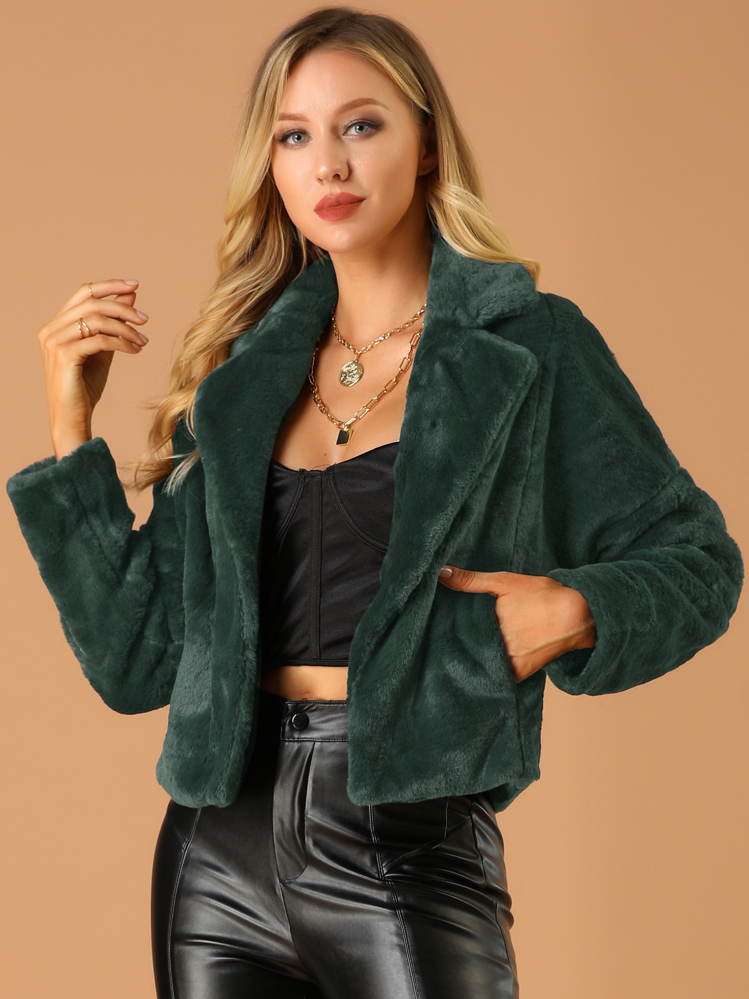 Allegra K Cropped Notch Lapel Faux Fur Fluffy Jacket Dark Green/XS - Allegra K catalog