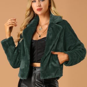 Allegra K Cropped Notch Lapel Faux Fur Fluffy Jacket Dark Green/S - Allegra K catalog