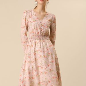 Floral Print V-Neck Long Sleeve Smocked Waist Midi Dress Pink/XL - Allegra K catalog
