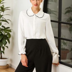 Sweet Ruffle Peter Pan Collar Long Sleeve Button Up Shirt White/L - Allegra K catalog