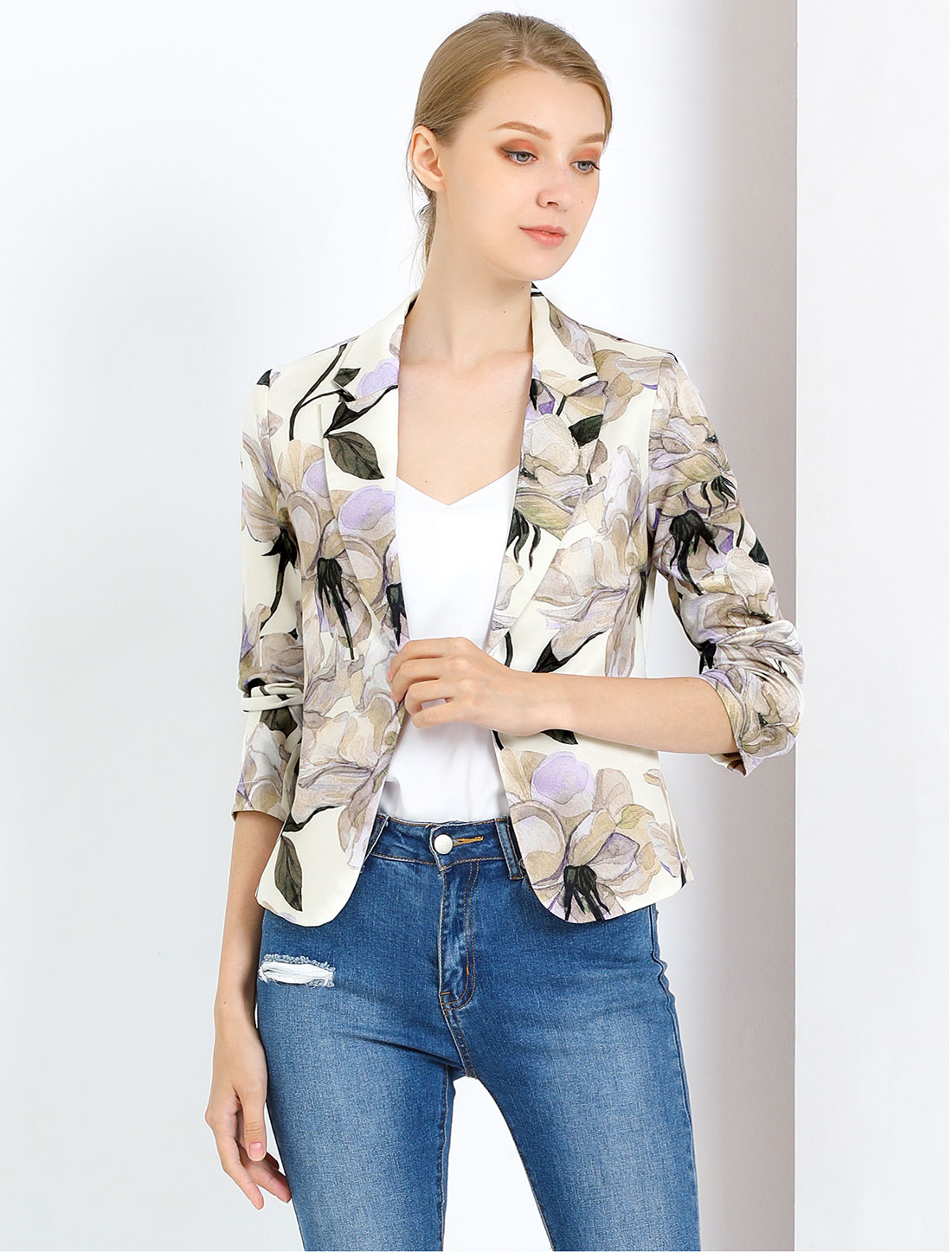 Open Front Floral Work Business Crop Blazer Jacket Beige Purple-Floral/XS - Allegra K catalog