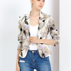 Open Front Floral Work Business Crop Blazer Jacket Beige Purple-Floral/M - Allegra K catalog