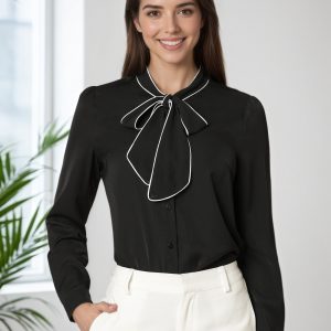 Tie Neck Contrast Color Button Down Long Sleeve Shirt Black/L - Allegra K catalog