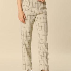 Plaid Elastic Waist Casual Work Office Long Pants Khaki/L - Allegra K catalog