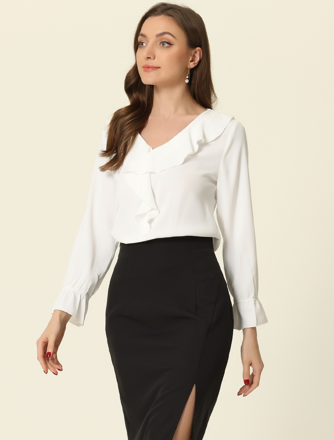 Ruffle Neck Gathered Cuff Long Sleeves Blouse White/S - Allegra K catalog