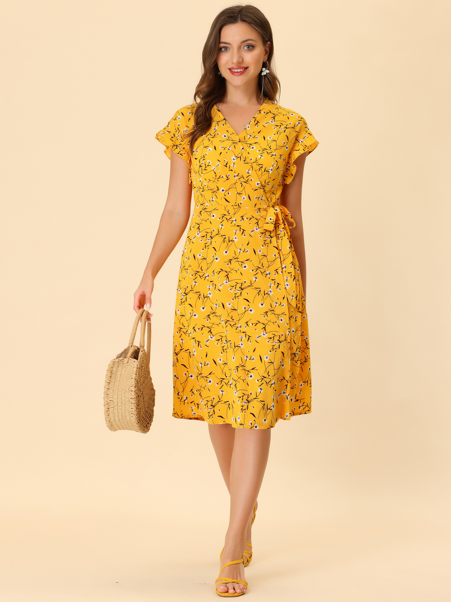 Ditsy Floral V Neck Ruffle Flutter Sleeve Midi Wrap Dress Yellow/XS - Allegra K catalog