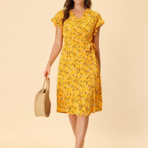 Ditsy Floral V Neck Ruffle Flutter Sleeve Midi Wrap Dress Yellow/M - Allegra K catalog