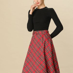 Christmas Tartan Plaid High Waist Belted Vintage A-Line Midi Skirt Red/M - Allegra K catalog
