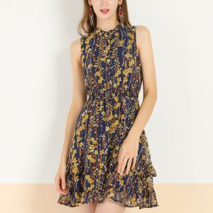 Floral A-line Smocked Waist Tiered Ruffled Chiffon Mini Dress Navy Blue/XL - Allegra K catalog
