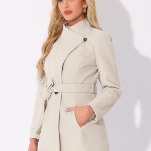 Classic Stand Collar Long Sleeve Winter Belted Coat Beige/XS - Allegra K catalog
