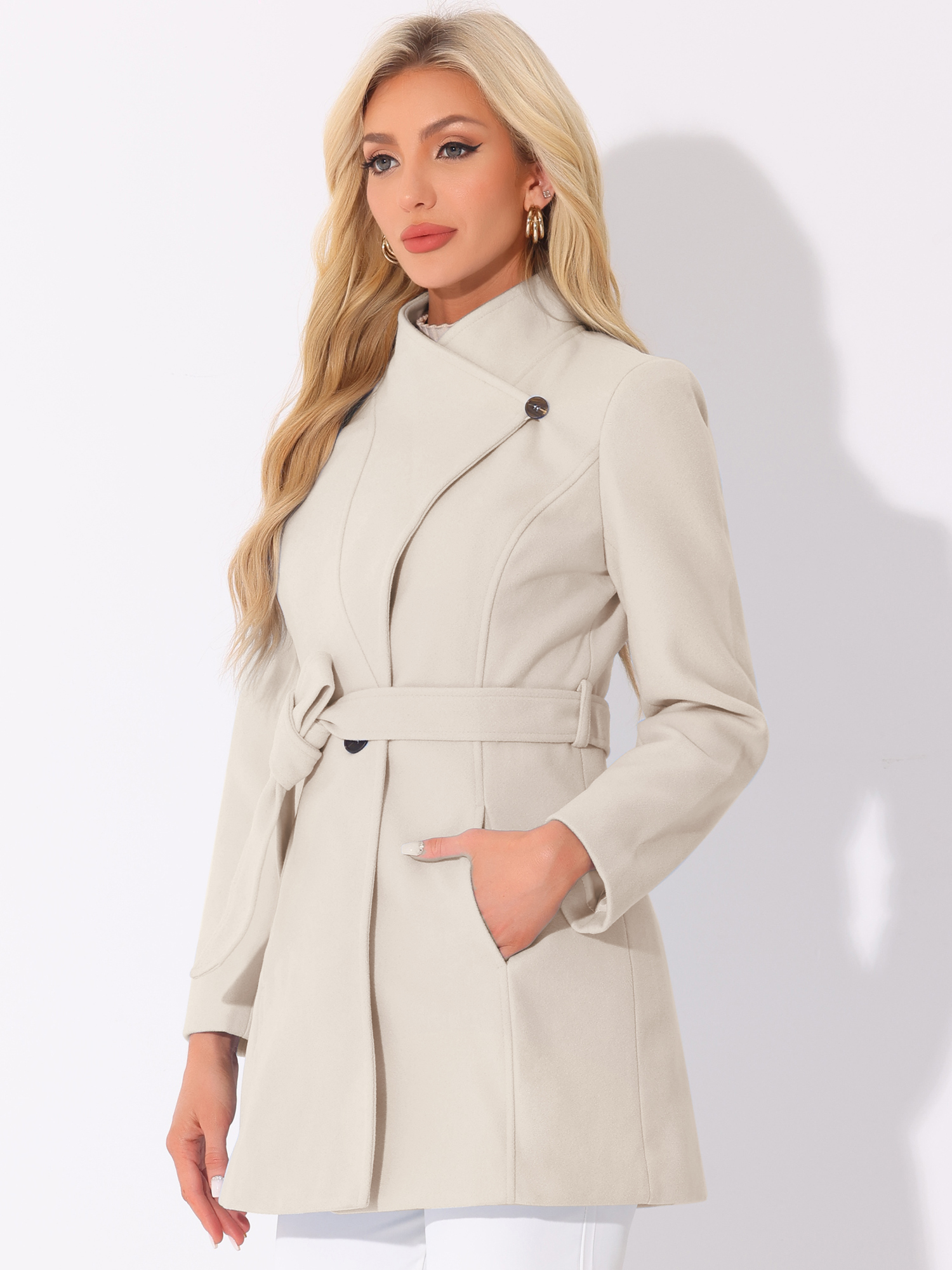 Classic Stand Collar Long Sleeve Winter Belted Coat Beige/M - Allegra K catalog