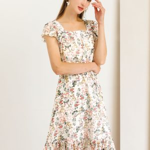 Floral Chiffon Flutter Sleeve Belted Square Neck Ruffled Hem Dress White/S - Allegra K catalog