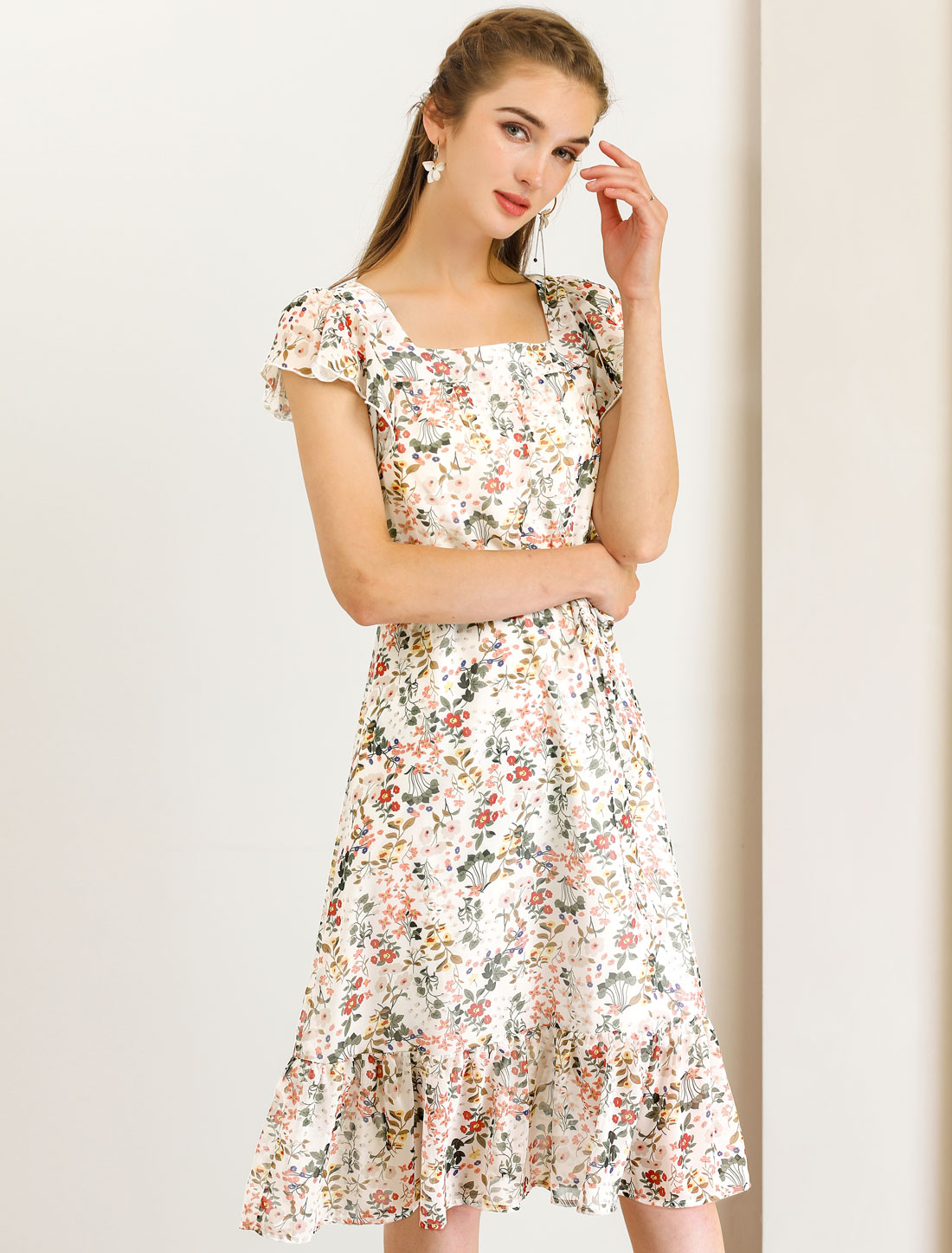Floral Chiffon Flutter Sleeve Belted Square Neck Ruffled Hem Dress White/S - Allegra K catalog