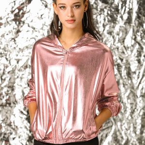 Holographic Party Shiny Lightweight Zipper Hooded Metallic Jacket Pink/XS - Allegra K catalog