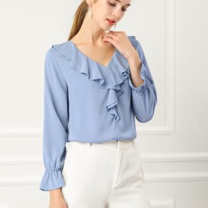 Ruffle Neck Gathered Cuff Long Sleeves Blouse Baby Blue/S - Allegra K catalog