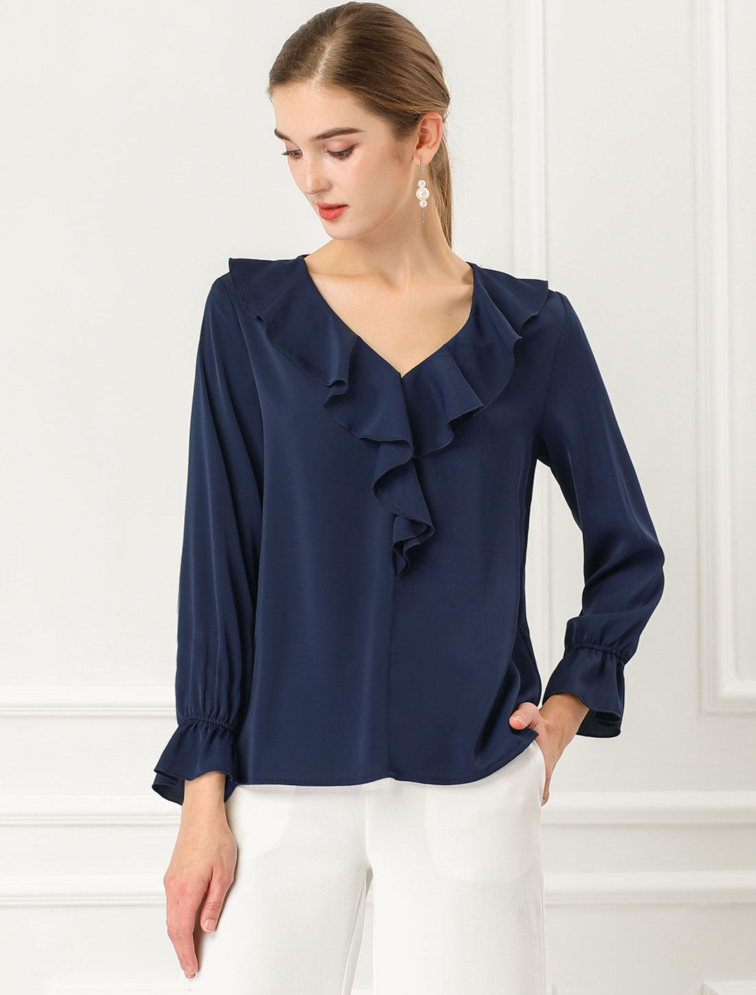 Ruffle Neck Gathered Cuff Long Sleeves Blouse Dark Blue/XS - Allegra K catalog
