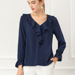 Ruffle Neck Gathered Cuff Long Sleeves Blouse Dark Blue/M - Allegra K catalog
