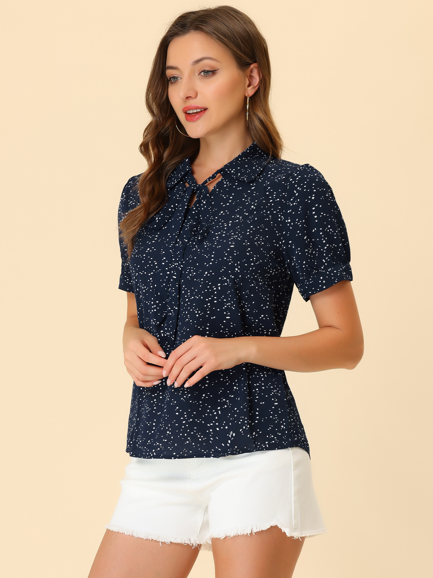 Retro Dots Bow Tie Peter Pan Collar Chiffon Blouse Navy Blue/S - Allegra K catalog
