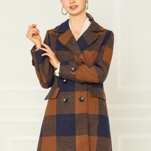 Buffalo Checks Double Breasted Notched Lapel Plaid Trench Pea Coat Brown/S - Allegra K catalog