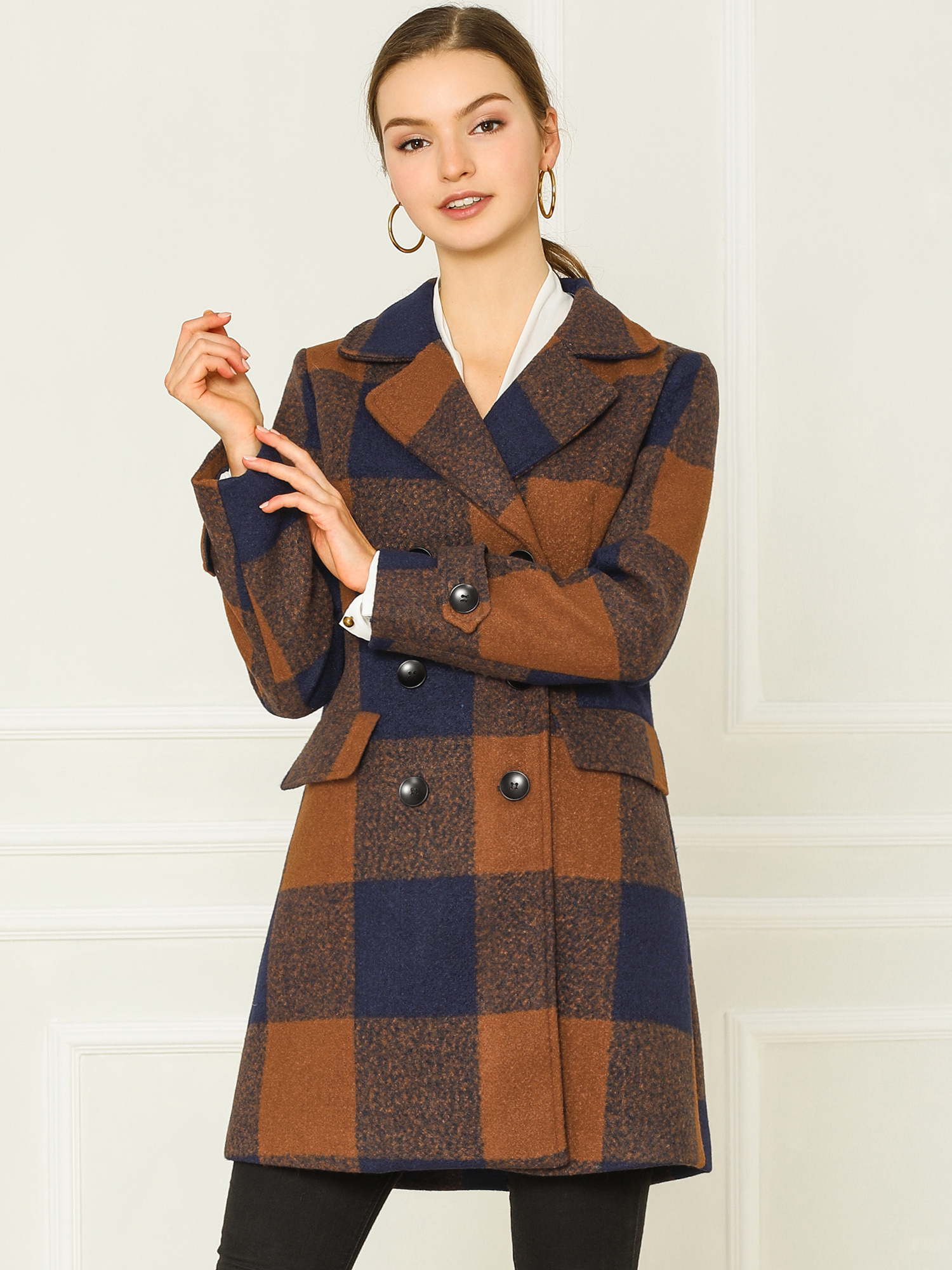 Buffalo Checks Double Breasted Notched Lapel Plaid Trench Pea Coat Brown/L - Allegra K catalog