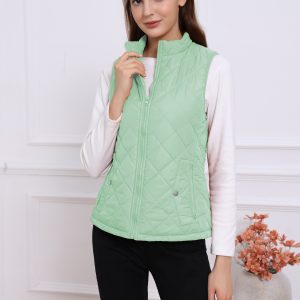 Stand Collar Lightweight Gilet Quilted Zipper Vest Dusty Green/XL - Allegra K catalog