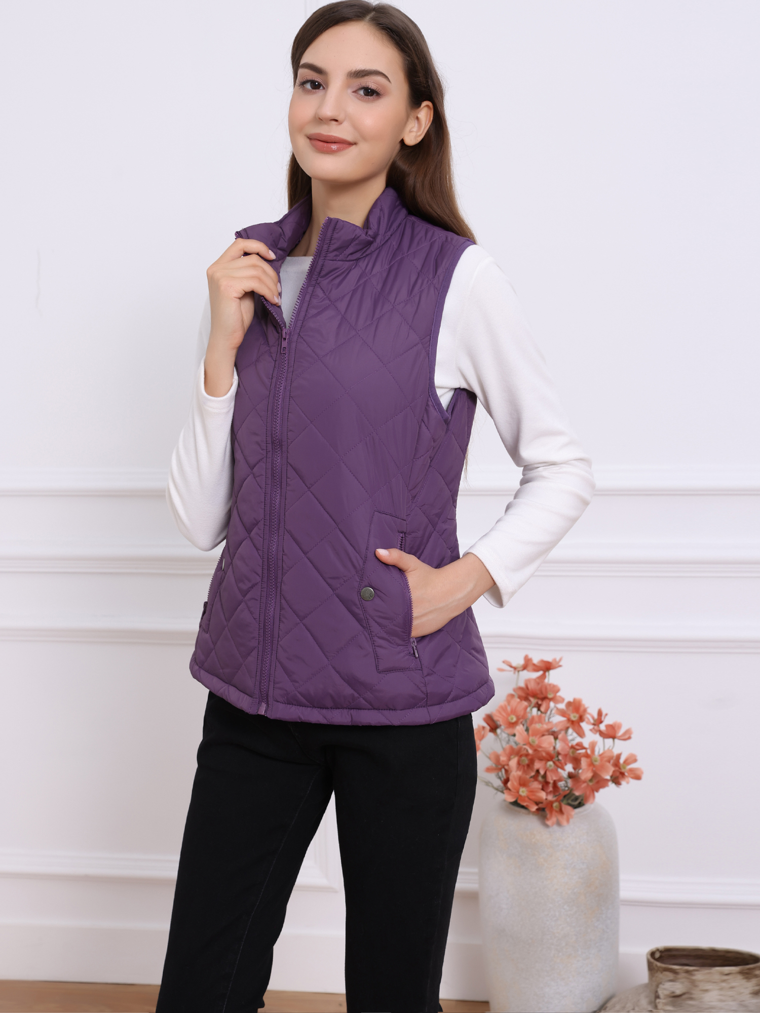 Stand Collar Lightweight Gilet Quilted Zipper Vest Purple/M - Allegra K catalog