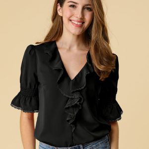 Ruffle Puff Sleeve Lace Trim Chiffon Peasant Blouse Black/S - Allegra K catalog