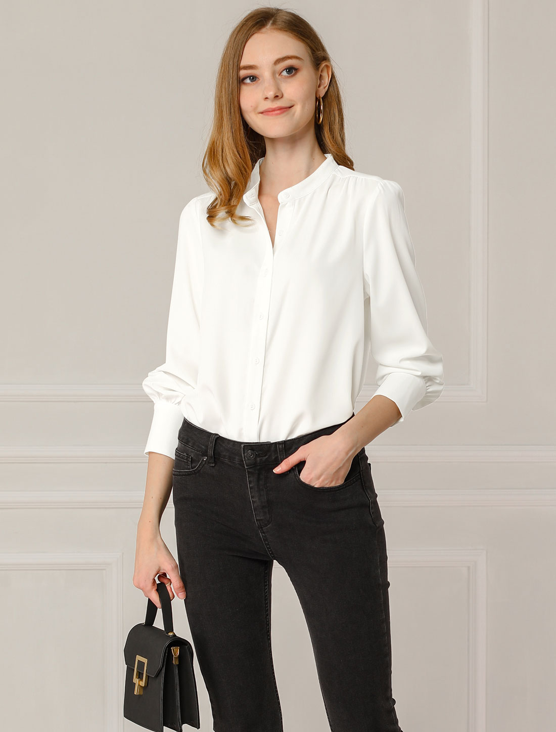Mandarin Collar Long Sleeve Button Down Office Shirt White/XS - Allegra K catalog