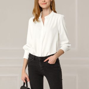 Mandarin Collar Long Sleeve Button Down Office Shirt White/XL - Allegra K catalog