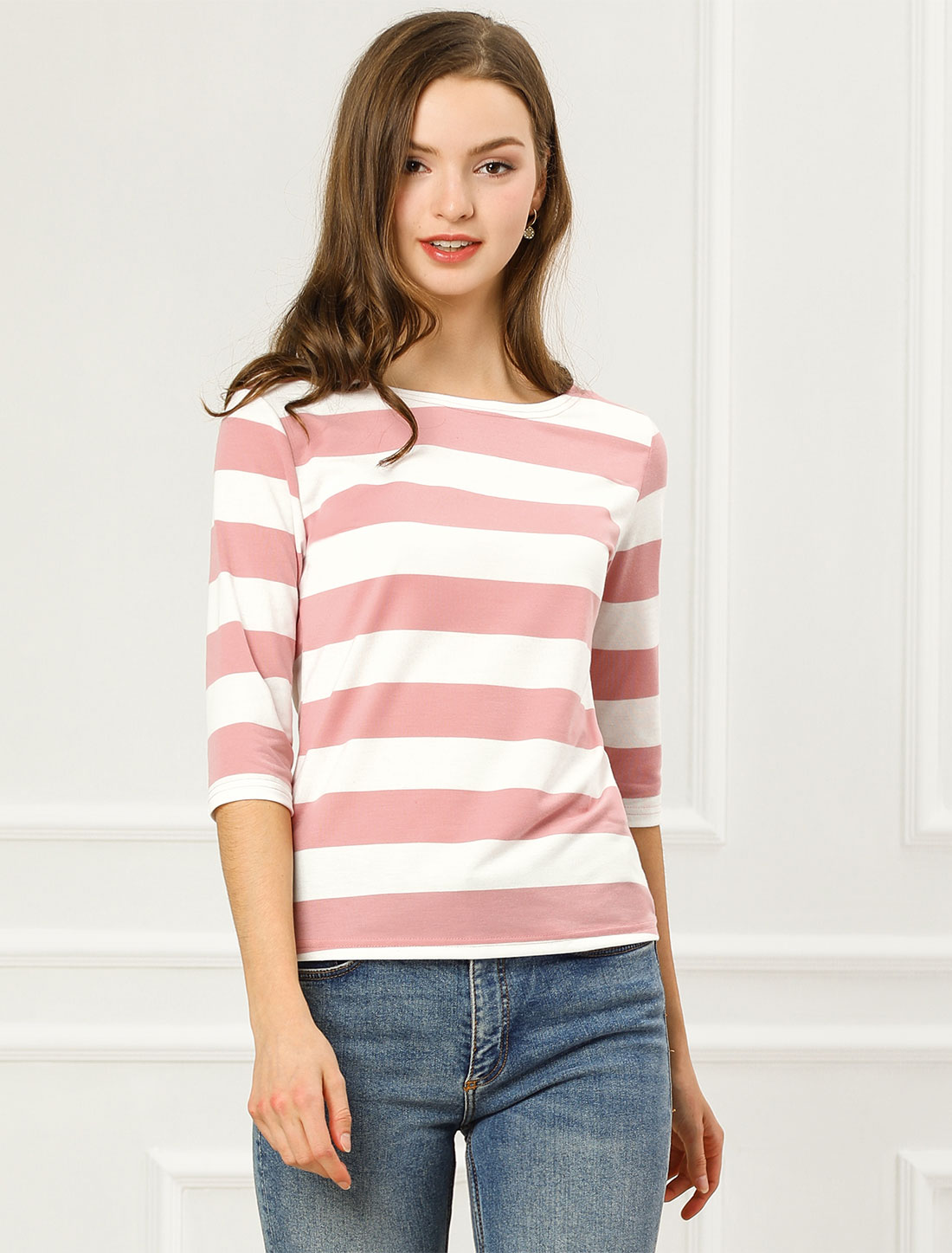 Striped 3/4 Sleeve Casual Basic Boat Neck T-shirt Pink White/L - Allegra K catalog