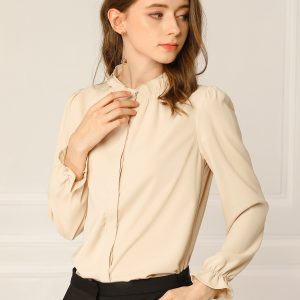 Work Office Blouse Button Up Ruffle Collar Long Sleeve Chiffon Shirt Apricot/L - Allegra K catalog