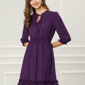 Ruffle Hem 3/4 Sleeve A-Line Smocked Midi Chiffon Dress Purple/XS - Allegra K catalog