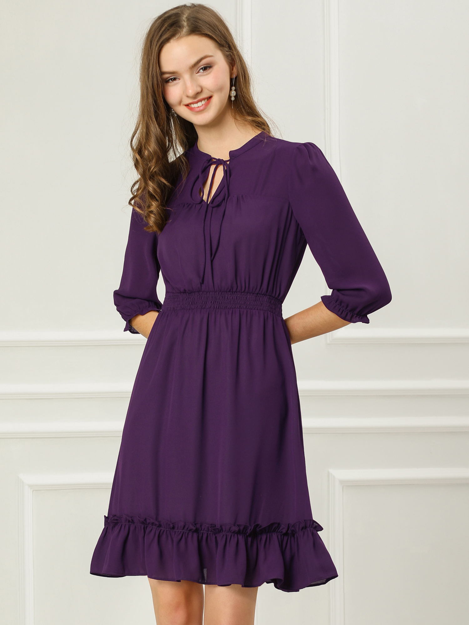 Ruffle Hem 3/4 Sleeve A-Line Smocked Midi Chiffon Dress Purple/S - Allegra K catalog