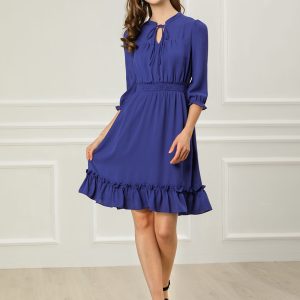 Ruffle Hem 3/4 Sleeve A-Line Smocked Midi Chiffon Dress Royal blue/S - Allegra K catalog