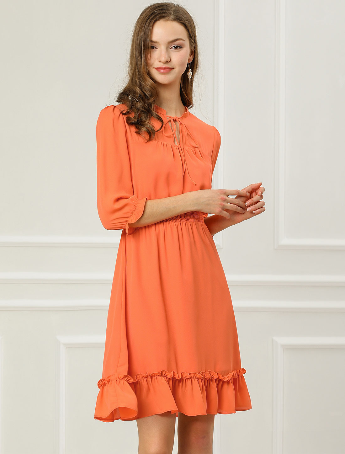 Ruffle Hem 3/4 Sleeve A-Line Smocked Midi Chiffon Dress Orange/S - Allegra K catalog