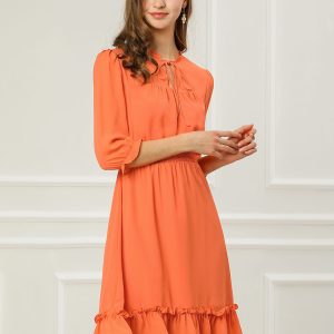 Ruffle Hem 3/4 Sleeve A-Line Smocked Midi Chiffon Dress Orange/M - Allegra K catalog