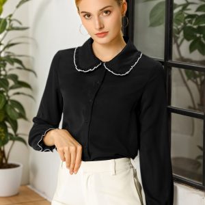 Sweet Ruffle Peter Pan Collar Long Sleeve Button Up Shirt Black/M - Allegra K catalog