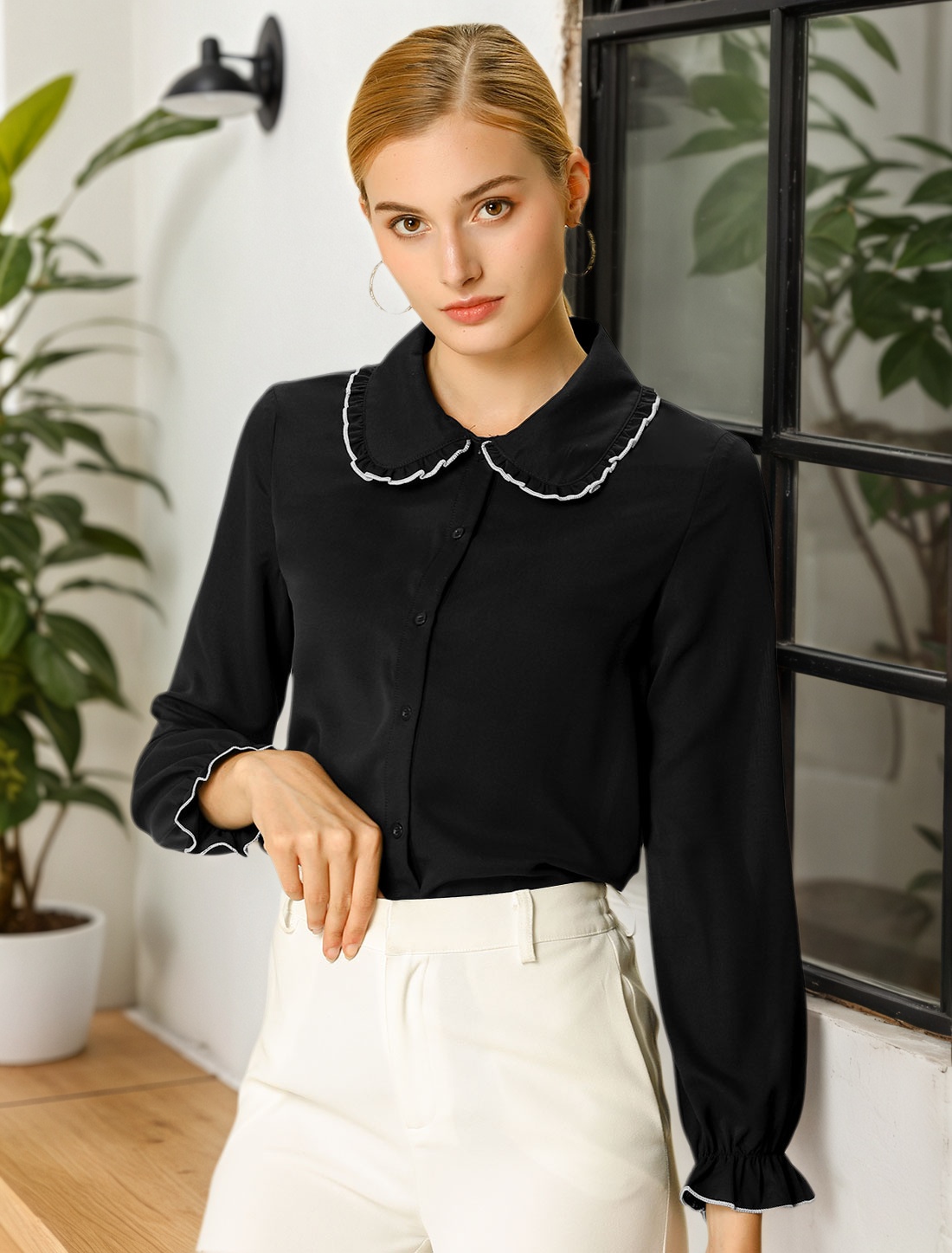 Sweet Ruffle Peter Pan Collar Long Sleeve Button Up Shirt Black/M - Allegra K catalog