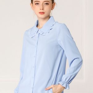Sweet Ruffle Peter Pan Collar Long Sleeve Button Up Shirt Light Blue/L - Allegra K catalog