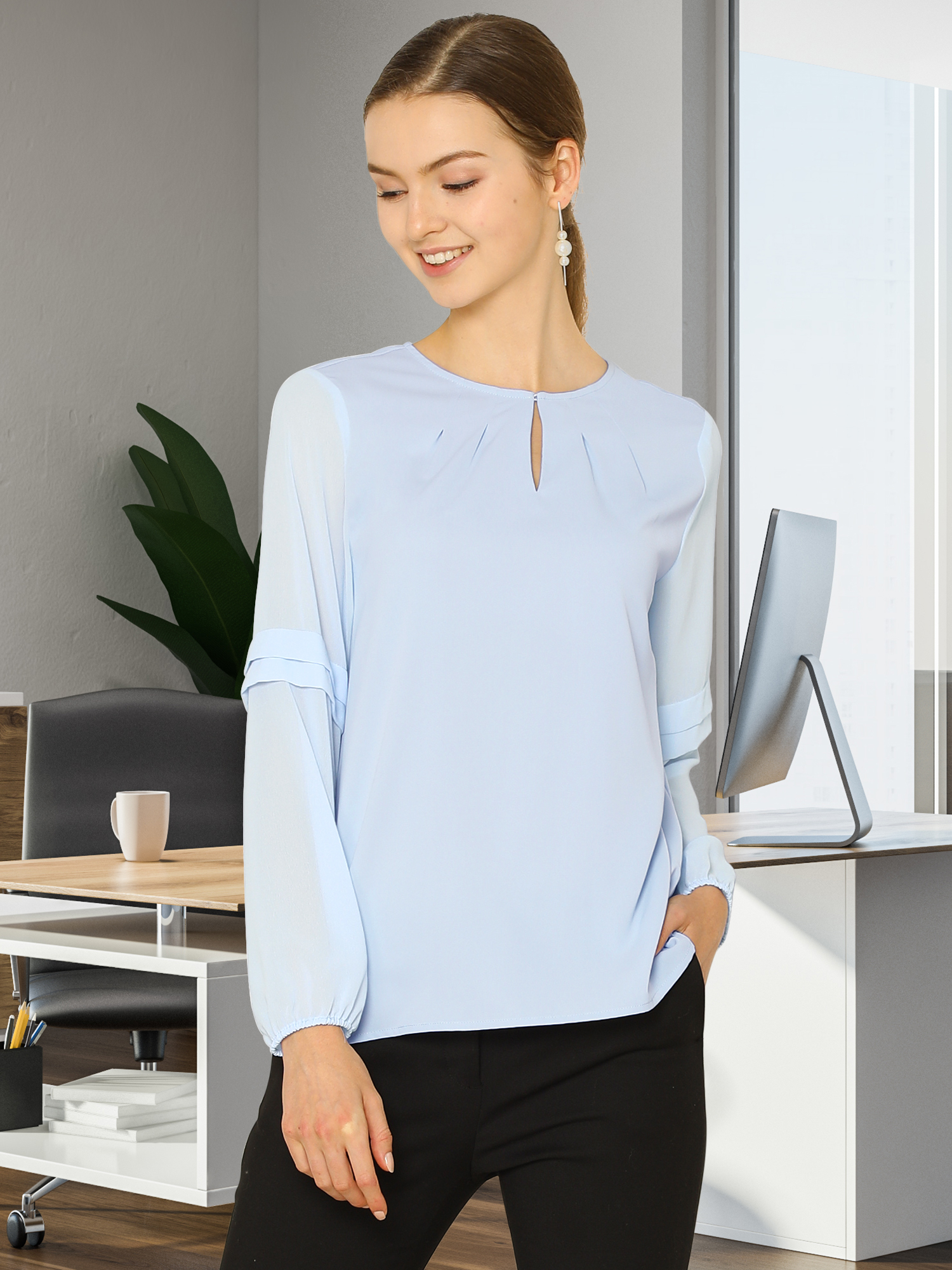 Chiffon Shirt Semi Sheer Keyhole Neck Elegant Blouse Light Blue/XL - Allegra K catalog