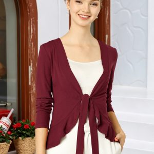Women's Tie Front Knit Ruffled Long Sleeve Open Cardigan Burgundy/L - Allegra K catalog