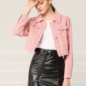 Button Down Long Sleeve Casual Cropped Denim Jacket Peach Pink/XS - Allegra K catalog