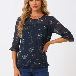Casual Ruffle 3/4 Sleeve Floral Print Chiffon Blouse Navy Blue/XS - Allegra K catalog