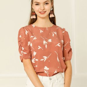Floral Crew Neck Ruched Sleeve Casual Blouse Coral/L - Allegra K catalog