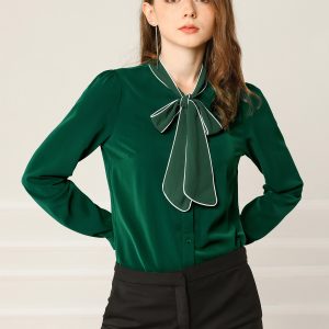 Tie Neck Contrast Color Button Down Long Sleeve Shirt Green/XS - Allegra K catalog
